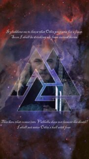 Ragnar Lothbrok Valhalla Quote Wallpaper with Valknut Symbol and Cosmic Nebula Background