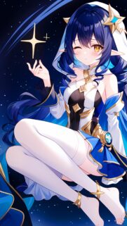 Cute Anime Girl with Blue Hair and Starry Magic Background Wallpaper