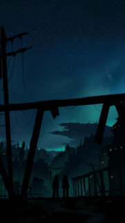 Anime Silhouette Duo Overlooking a Futuristic Cyberpunk City at Night Wallpaper