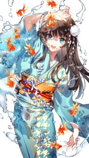 Beautiful Anime Girl in Blue Yukata with Goldfish and Splashing Water Wallpaper