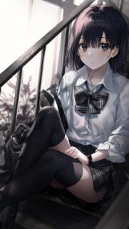 Anime Schoolgirl Sitting on Staircase Aesthetic High Quality Wallpaper