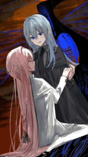 Anime Girls Romantic Illustration with Blue and Pink Hair Mobile Wallpaper