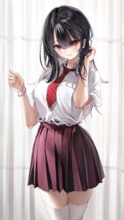 Beautiful Anime School Girl with Red Eyes Aesthetic Wallpaper for Mobile