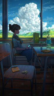 Anime School Girl Studying by Window with Summer Cumulus Clouds Wallpaper