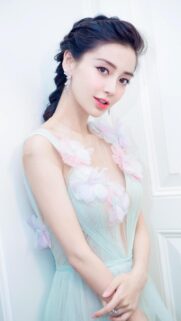 Stunning Portrait of Angelababy in a Pastel Floral Dress Mobile Wallpaper