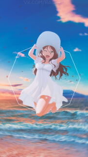 Anime Girl in White Summer Dress Jumping at Beach Sunset Phone Wallpaper