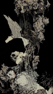Gothic Surrealist Dark Fantasy Art Wallpaper with Ethereal Figures and Skulls