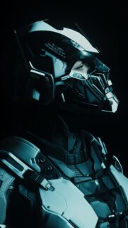 Futuristic Cybernetic Soldier Tactical Helmet Wallpaper in Cool Cyan Tones