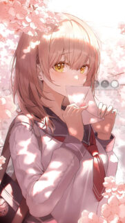 Anime Girl Holding a Love Letter Under Cherry Blossoms Wallpaper
