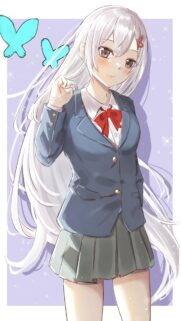 Cute Anime Girl with Long Silver Hair and School Uniform Wallpaper
