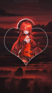 Fiery Anime Girl with Glowing Red Aura Heart Frame Mobile Wallpaper
