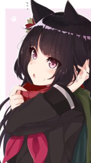 Cute Anime Cat Girl with Black Hair and Red Scarf Mobile Wallpaper