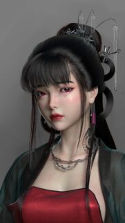 Stunning 3D Anime Girl Portrait with Pink Eyes and Traditional Aesthetic Wallpaper