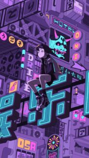 Anime Girl Sitting in Cyberpunk Neon City High Resolution Mobile Wallpaper