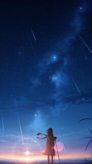 Anime Girl Watching Meteor Shower Night Sky Mobile Wallpaper