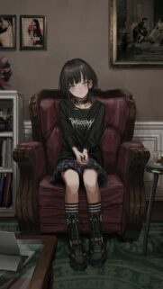 Aesthetic Anime Girl Sitting in Vintage Leather Armchair Wallpaper