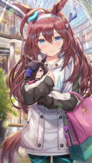 Anime Girl Holding Plushie at Shopping Mall Wallpaper for Mobile