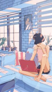 Anime Girl Working on Laptop in Aesthetic Sunlight Room Wallpaper