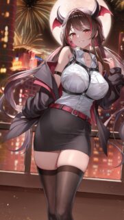 Beautiful Anime Demon Girl Wallpaper with Fireworks and City Night View