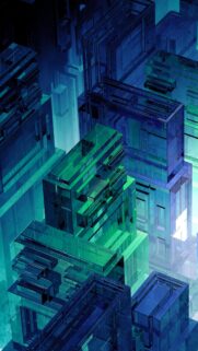 Abstract Geometric Glass Cityscape Wallpaper in Neon Blue and Green Shades