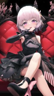 Cute Anime Girl in Gothic Black Dress Sitting on Red Throne Wallpaper