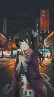 Anime Girl in Traditional Kimono Standing in Chinatown Street at Night Wallpaper