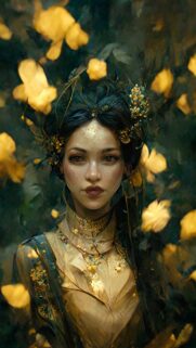 Ethereal Portrait of a Goddess Surrounded by Golden Petals Mobile Wallpaper