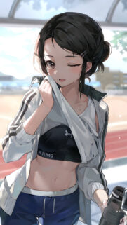 Cute Anime Girl Athlete Sweating After Workout Mobile Wallpaper HD