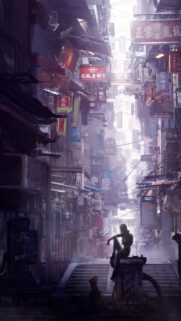 Cyberpunk City Alleyway with Solitary Woman Digital Art Wallpaper