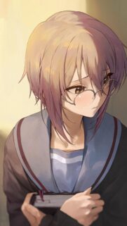 Aesthetic Anime Girl with Glasses Holding a Book Mobile Wallpaper
