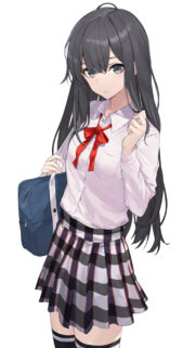 Anime School Girl with Long Dark Hair and Plaid Skirt Wallpaper