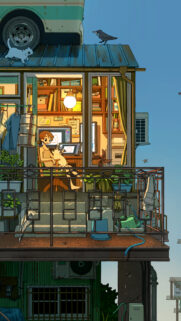 Cozy Anime Girl Working in Studio Apartment Wallpaper for Mobile