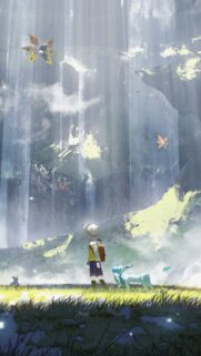 Pokémon Trainer and Glaceon in Fantasy Waterfall Landscape Wallpaper
