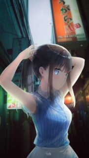 Anime Girl Tying Hair in Japanese City Street High Definition Wallpaper