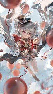 Cute Anime Girl with Red Balloons and Top Hat Aesthetic Mobile Wallpaper
