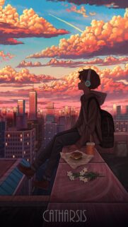 Anime Boy Resting on Rooftop City Sunset Aesthetic Wallpaper 4K
