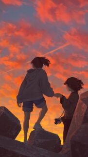 Anime Girls Holding Hands at Sunset Aesthetic Mobile Wallpaper