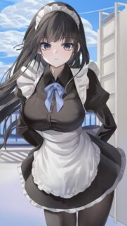 Anime Maid Girl with Long Dark Hair and Blue Bow Wallpaper for Mobile