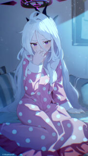Sad Anime Girl with Halo in Pink Polka Dot Pajamas Mobile Wallpaper
