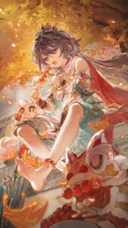 Anime Girl Eating Tanghulu with Mystical Creatures Wallpaper