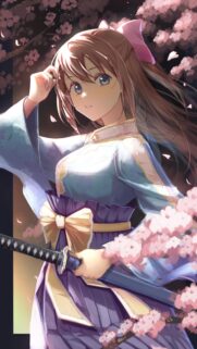 Beautiful Anime Girl with Katana and Cherry Blossoms Mobile Wallpaper