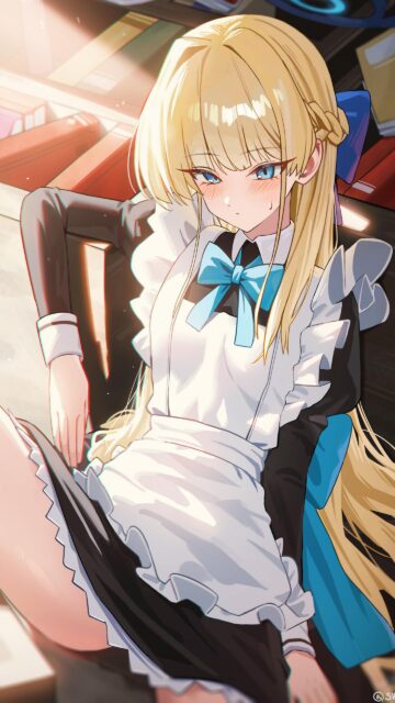 Beautiful Blonde Anime Maid Girl With Blue Ribbon Wallpaper for Mobile