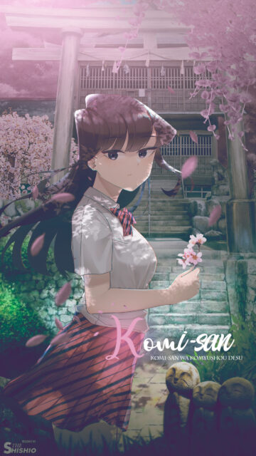 Beautiful Komi San Anime Girl Cherry Blossom Shrine Wallpaper for Mobile