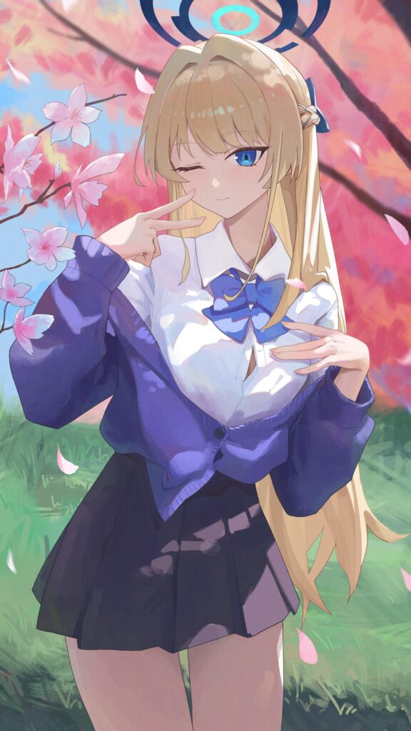 Anime School Girl with Halo and Cherry Blossoms High Quality Mobile Wallpaper