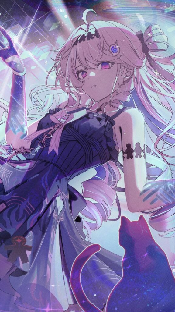 Stunning Anime Girl with Cat Cosmic Fantasy Art Wallpaper for Mobile