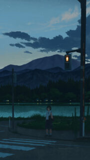 Anime Schoolgirl Standing at Twilight Crosswalk with Mountain View Wallpaper