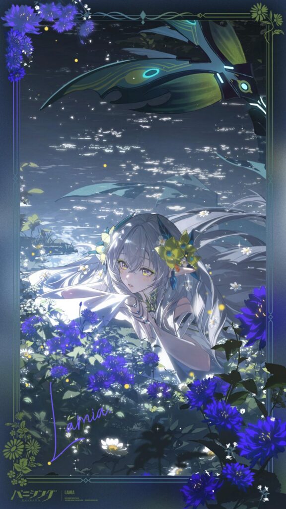 Ethereal Lamia Anime Girl in Floral Moonlight Field Wallpaper for Mobile