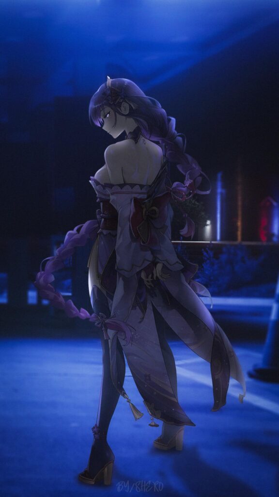 Raiden Shogun Genshin Impact Anime Wallpaper in Deep Blue Night Atmosphere
