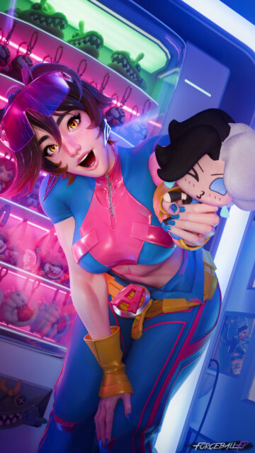 Anime Girl with Neon Arcade Plushie Aesthetic Mobile Wallpaper