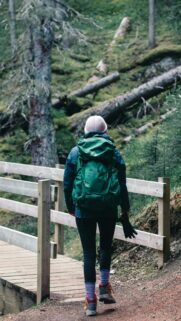 Hiker on Forest Bridge with Green Gregory Backpack Mobile Wallpaper